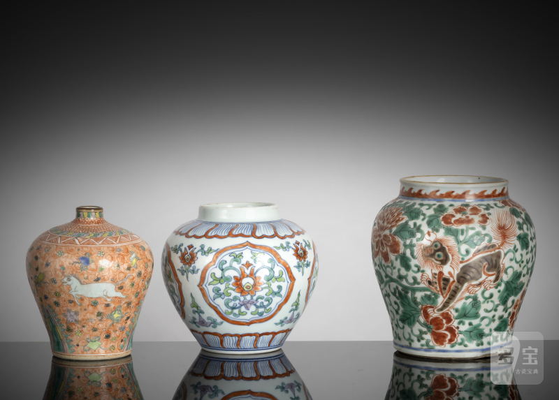 A Doucai jar, a meiping with flying horses and wucai jar with lion decoration